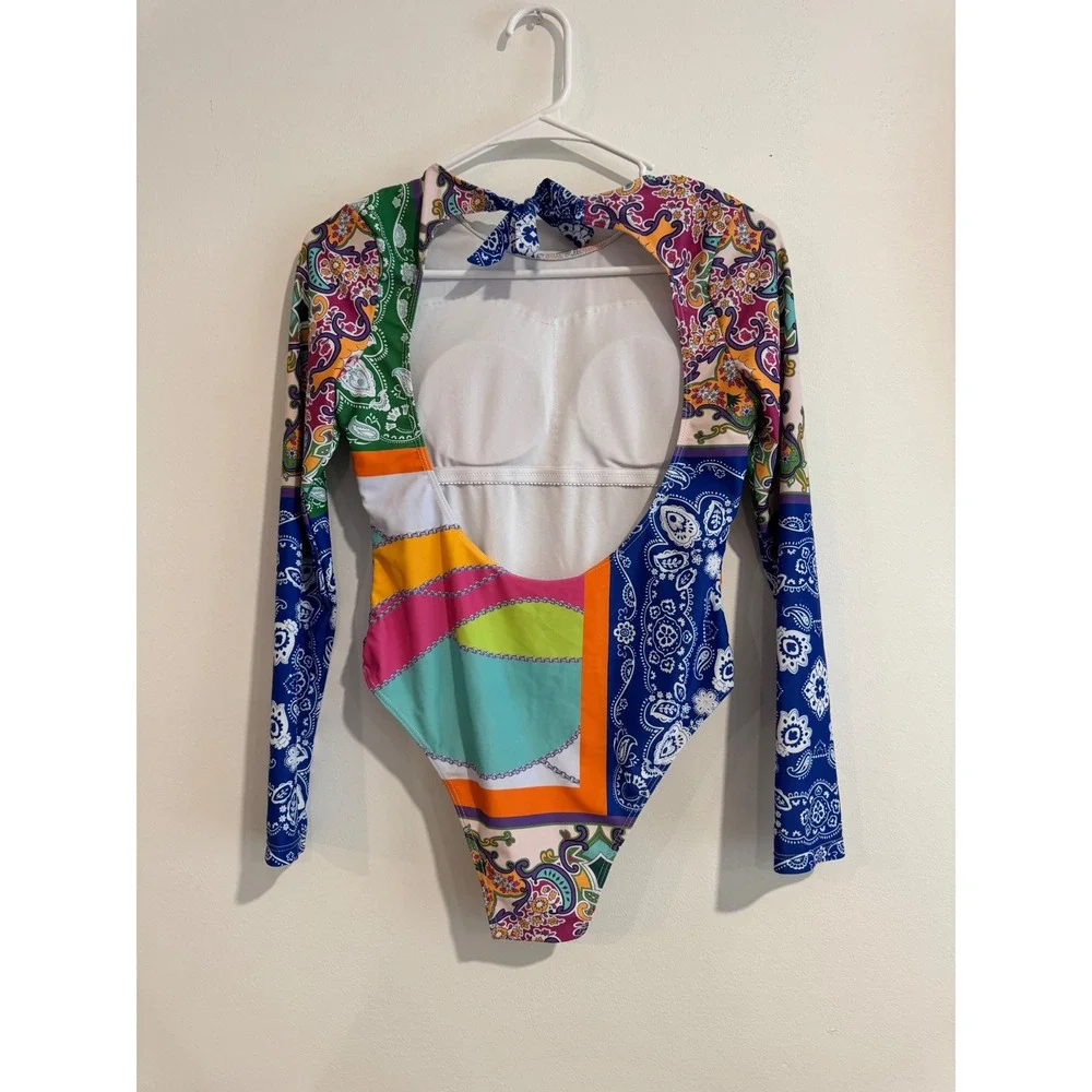 High neck Patchwork Paisley Long Sleeve‎ Swimsuit Womens S Cutout back swimwear